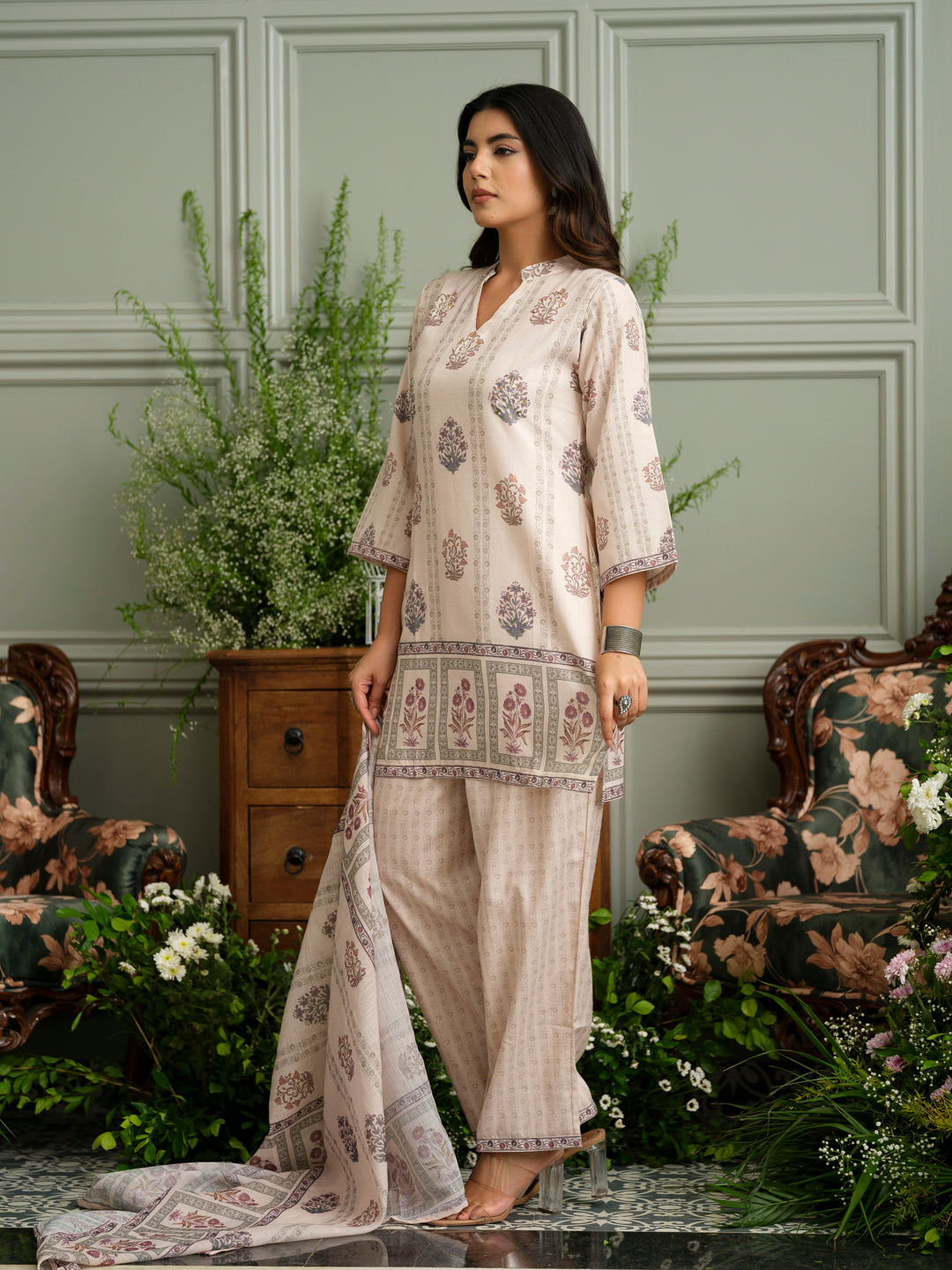 Floral Harmony Beige Kurta, Pant & Dupatta Set