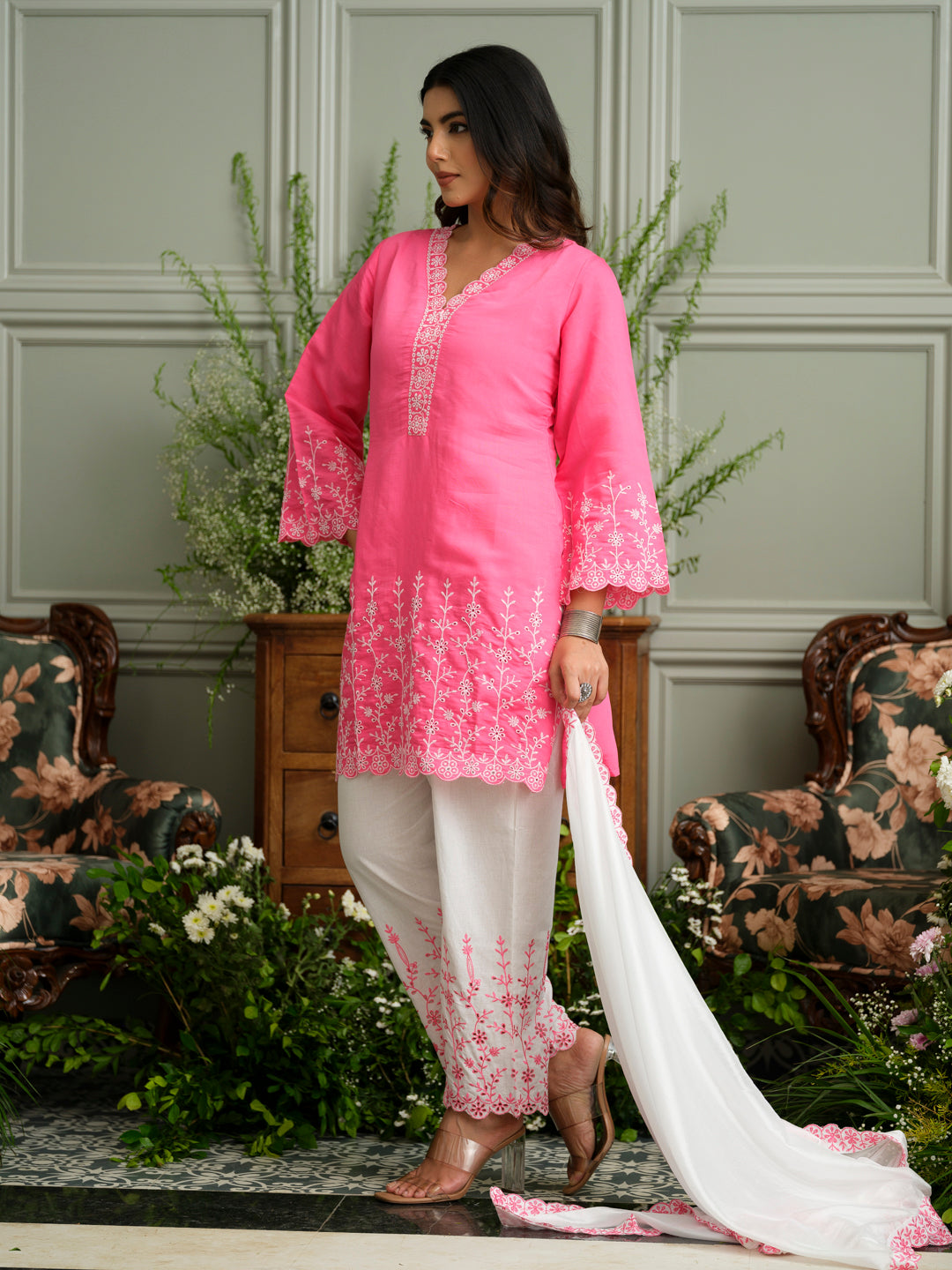 Chikankari Embroidered V Neck Kurta with Pant and Dupatta Set