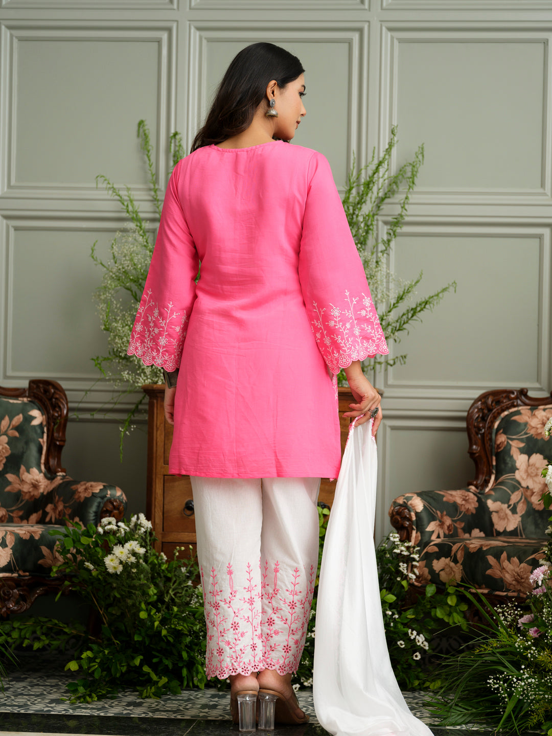 Chikankari Embroidered V Neck Kurta with Pant and Dupatta Set