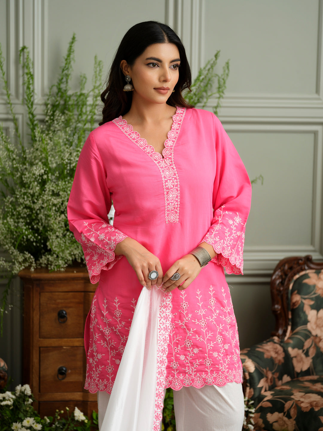 Chikankari Embroidered V Neck Kurta with Pant and Dupatta Set