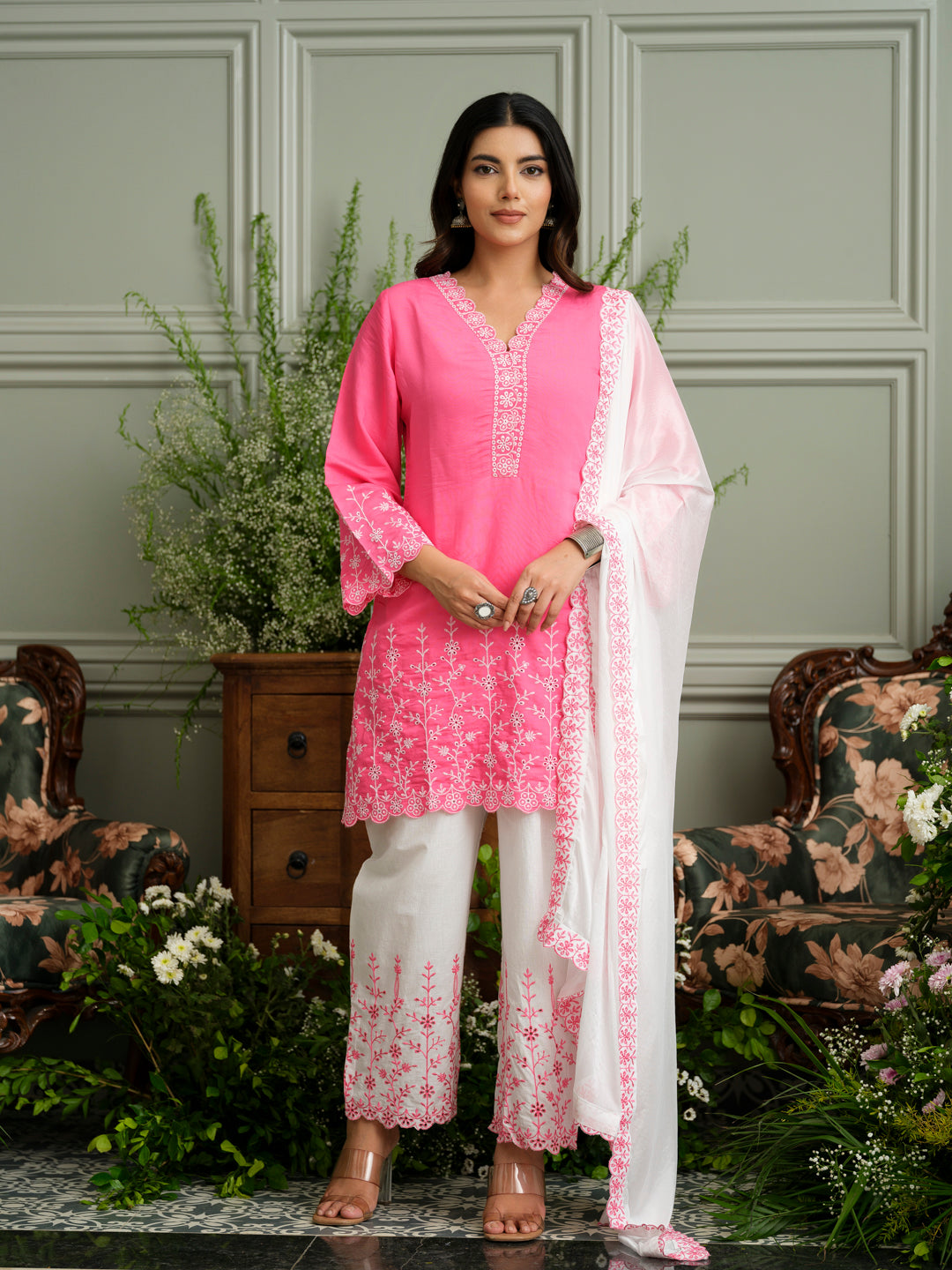 Chikankari Embroidered V Neck Kurta with Pant and Dupatta Set