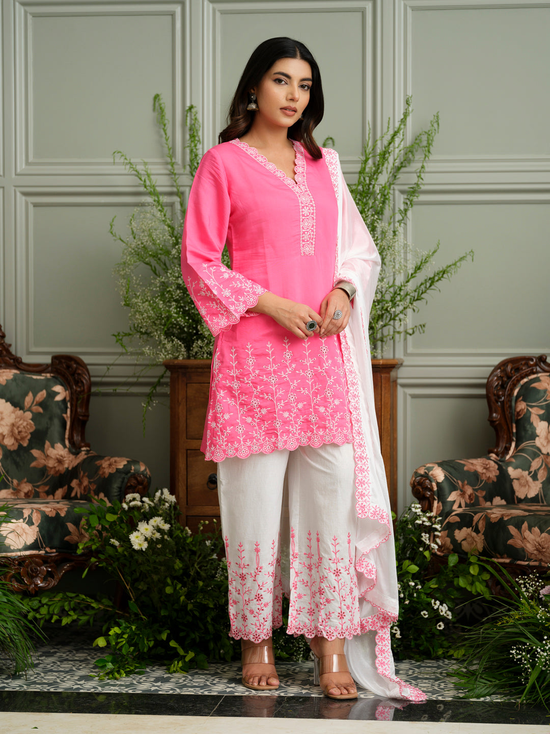 Chikankari Embroidered V Neck Kurta with Pant and Dupatta Set