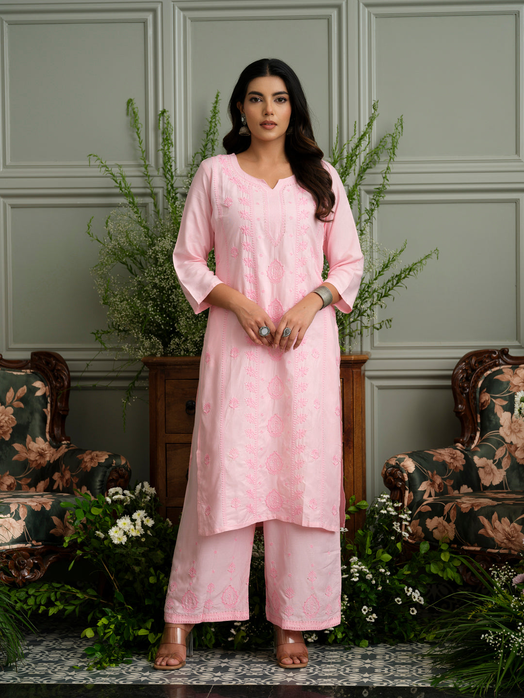 Baby Pink Hand Chikankari Embroidered Straight Kurta with Pants