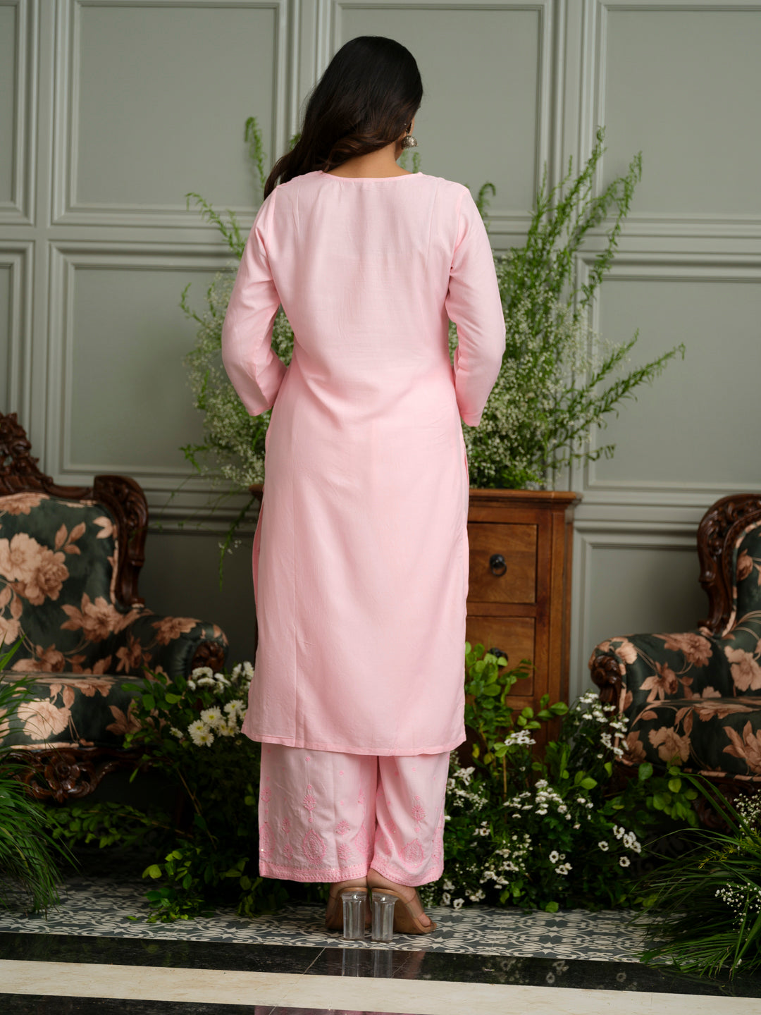 Baby Pink Hand Chikankari Embroidered Straight Kurta with Pants