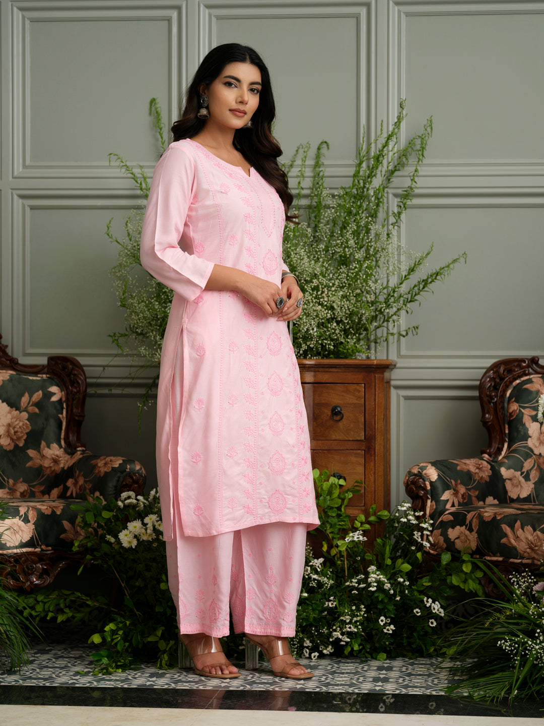 Baby Pink Hand Chikankari Embroidered Straight Kurta with Pants