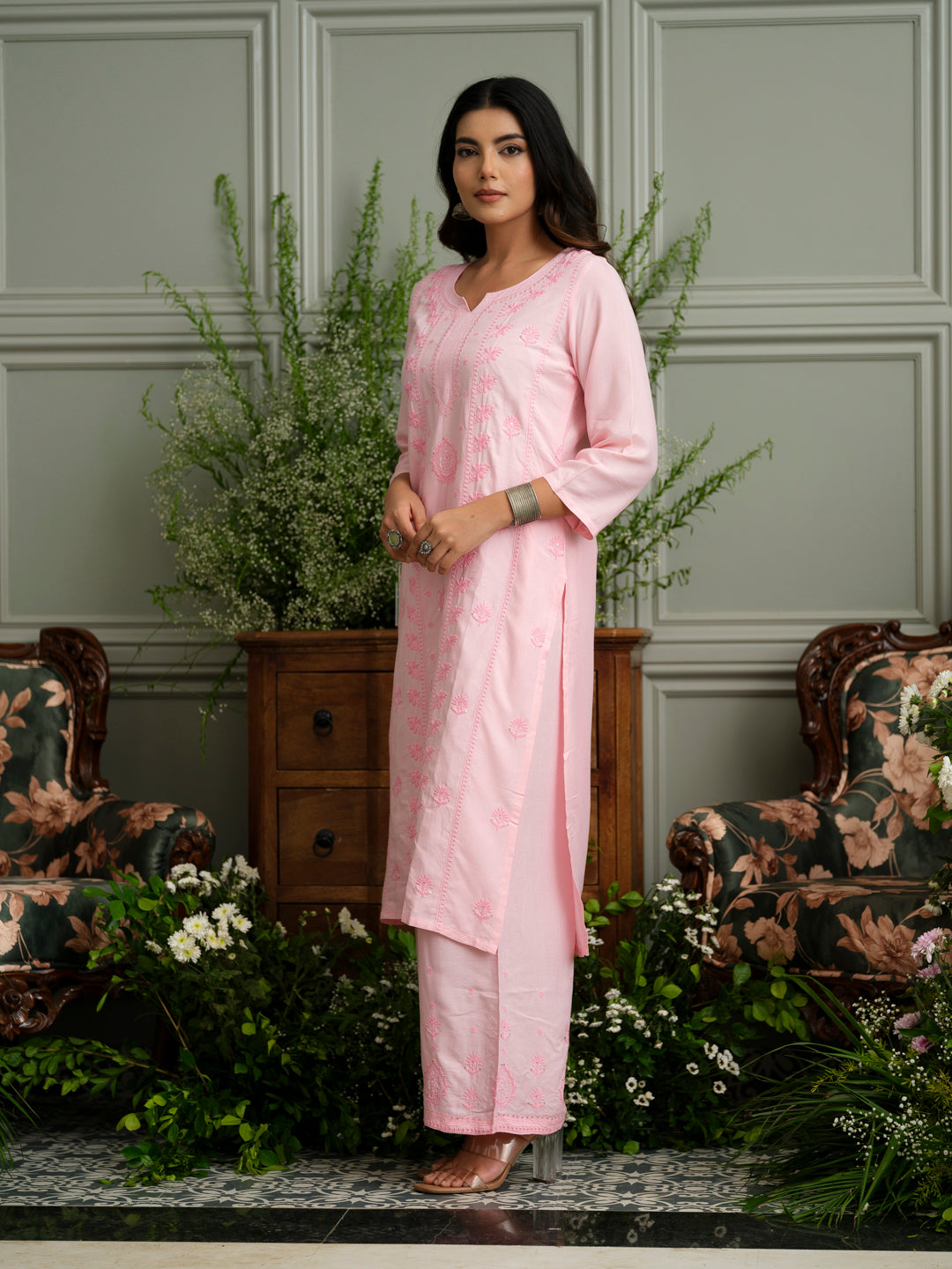 Baby Pink Hand Chikankari Embroidered Straight Kurta with Pants