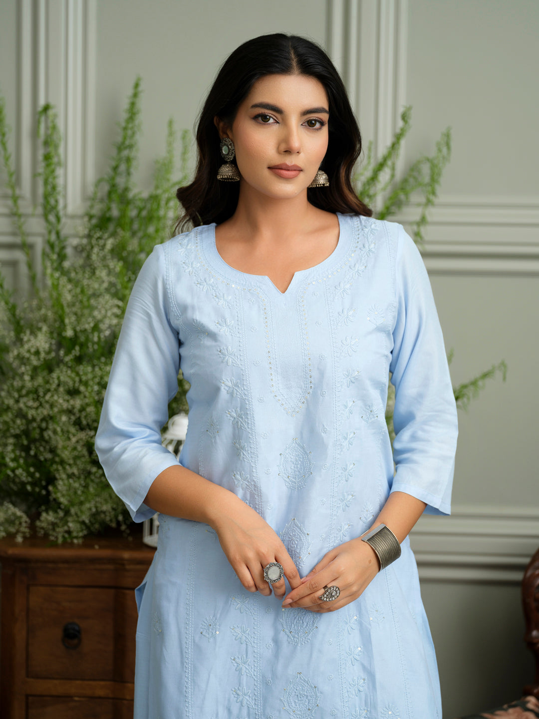 Blue Hand Chikankari Embroidery Portrait Neck Rayon Kurta With Trouser