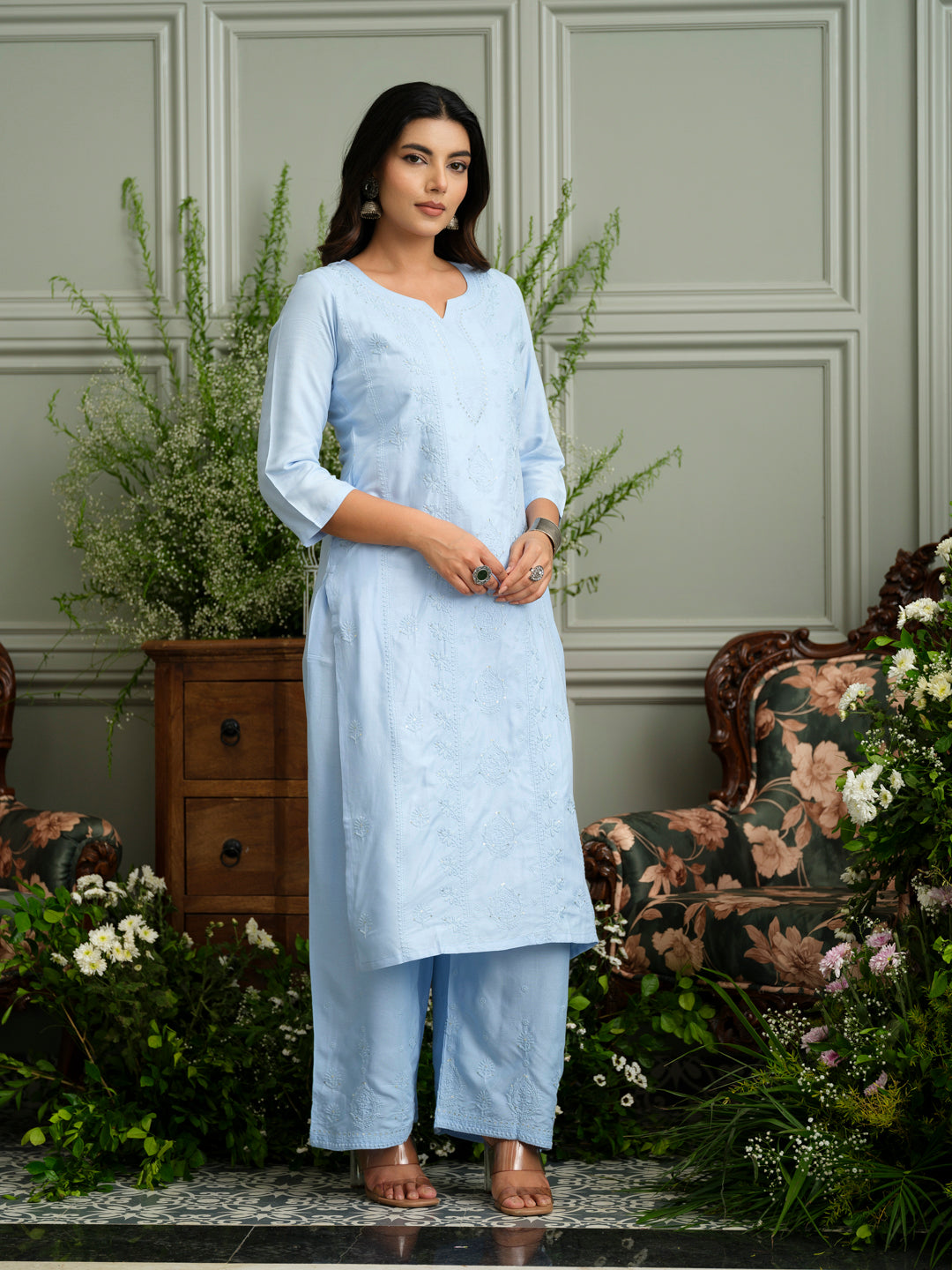 Blue Hand Chikankari Embroidery Portrait Neck Rayon Kurta With Trouser