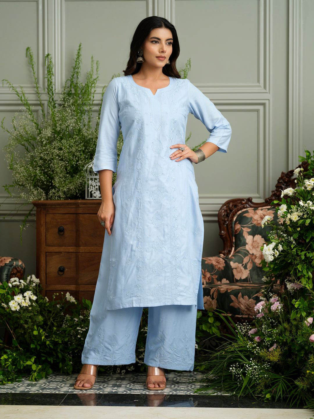 Blue Hand Chikankari Embroidery Portrait Neck Rayon Kurta With Trouser