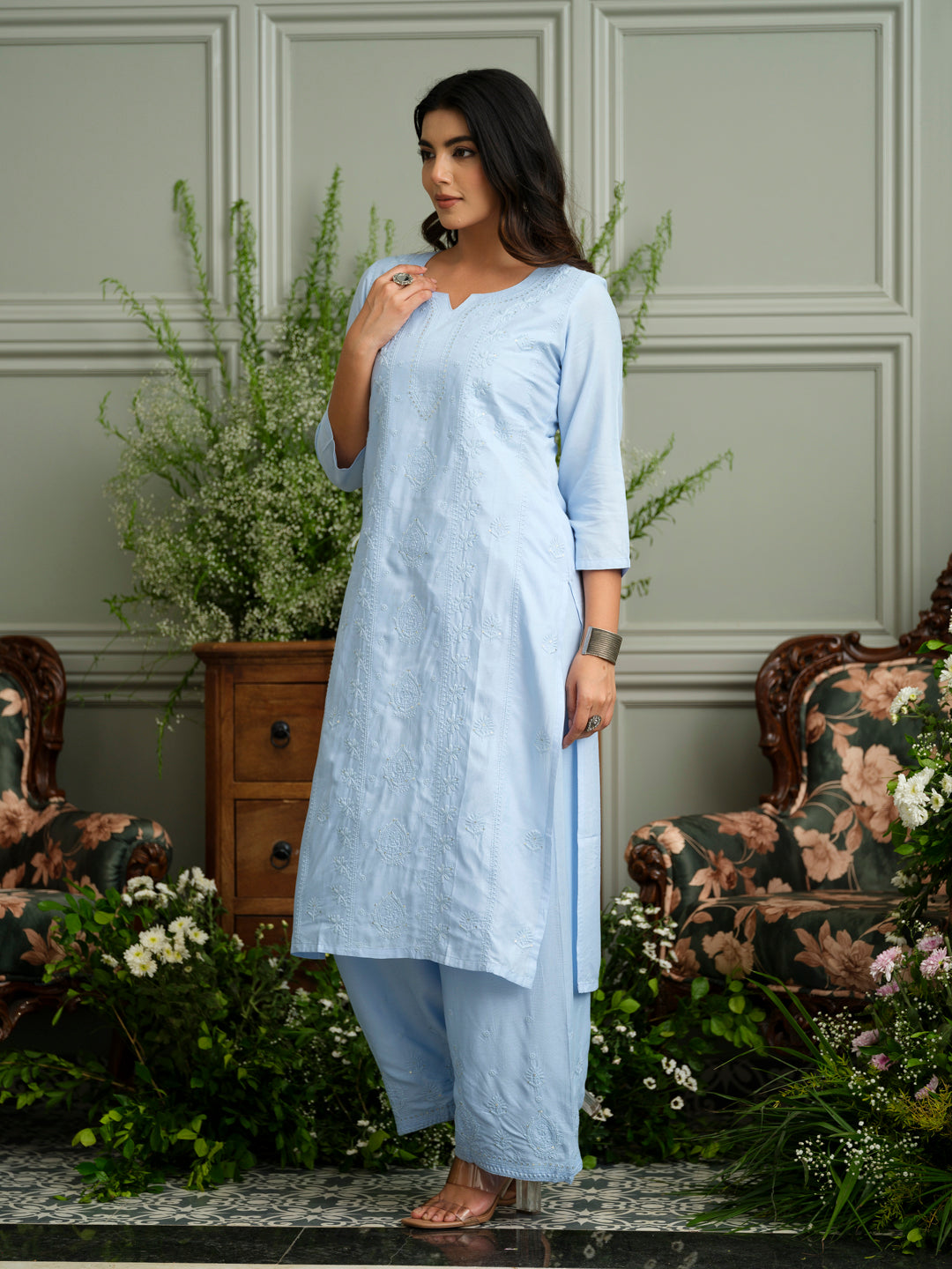 Blue Hand Chikankari Embroidery Portrait Neck Rayon Kurta With Trouser