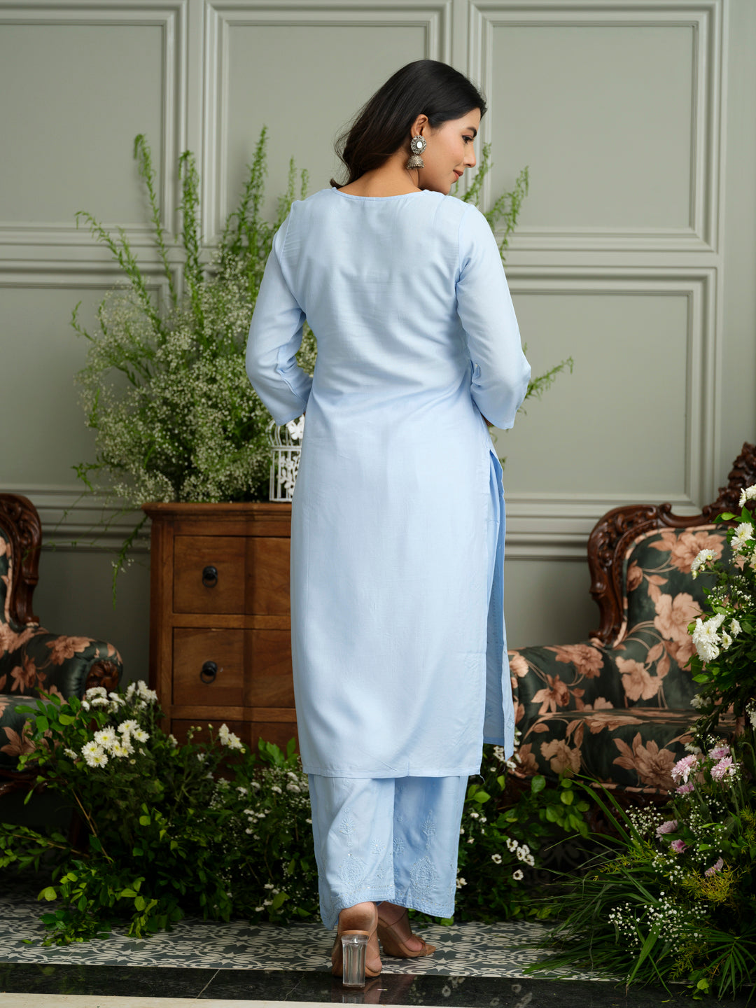 Blue Hand Chikankari Embroidery Portrait Neck Rayon Kurta With Trouser