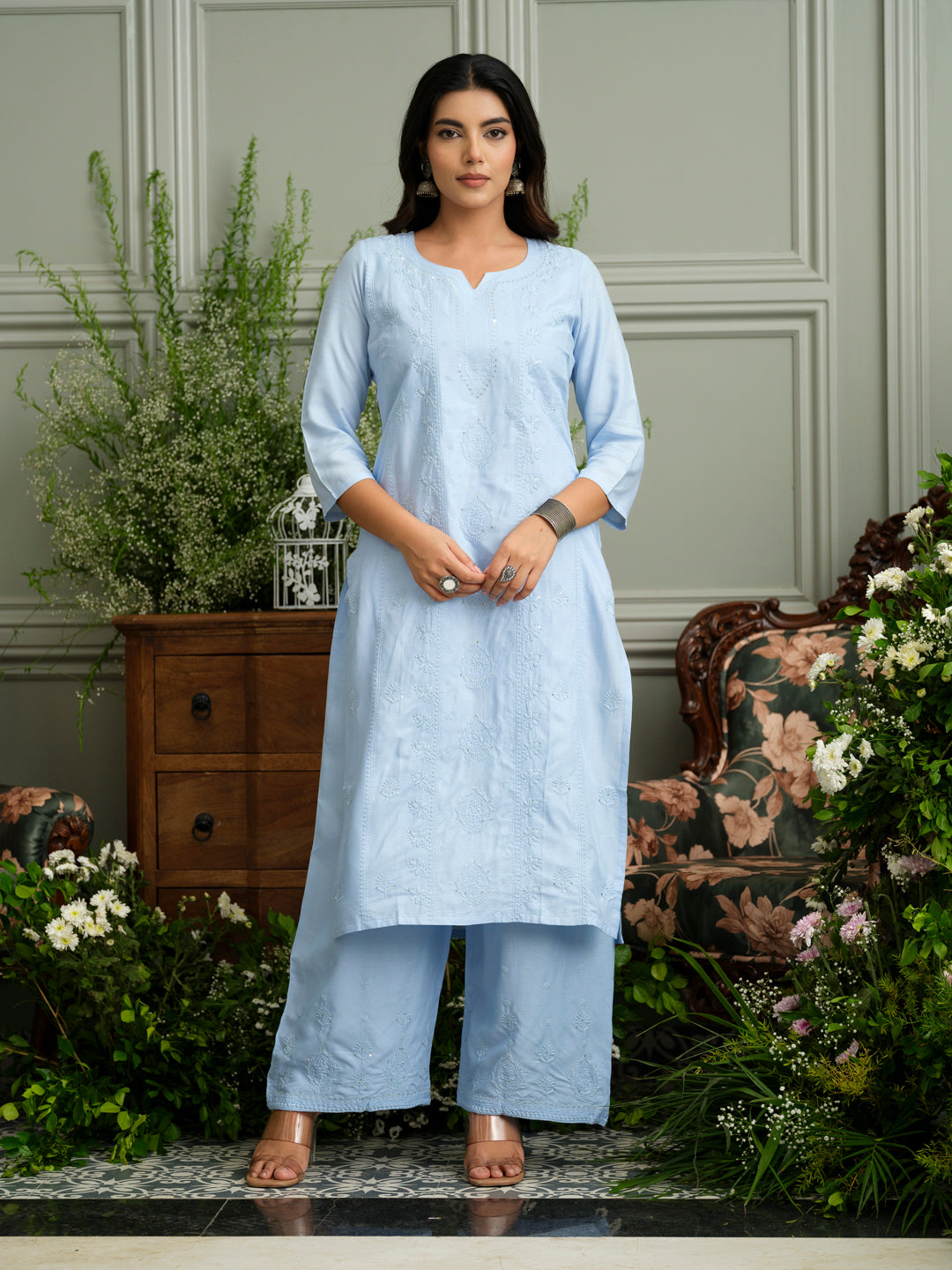 Blue Hand Chikankari Embroidery Portrait Neck Rayon Kurta With Trouser
