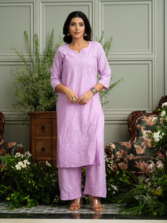 Levender Hand Chikankari Embroidery Portrait Neck Rayon Kurta With Trouser