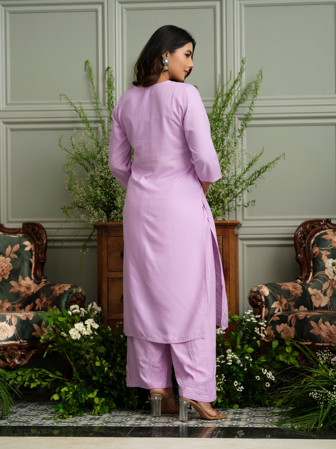 Levender Hand Chikankari Embroidery Portrait Neck Rayon Kurta With Trouser