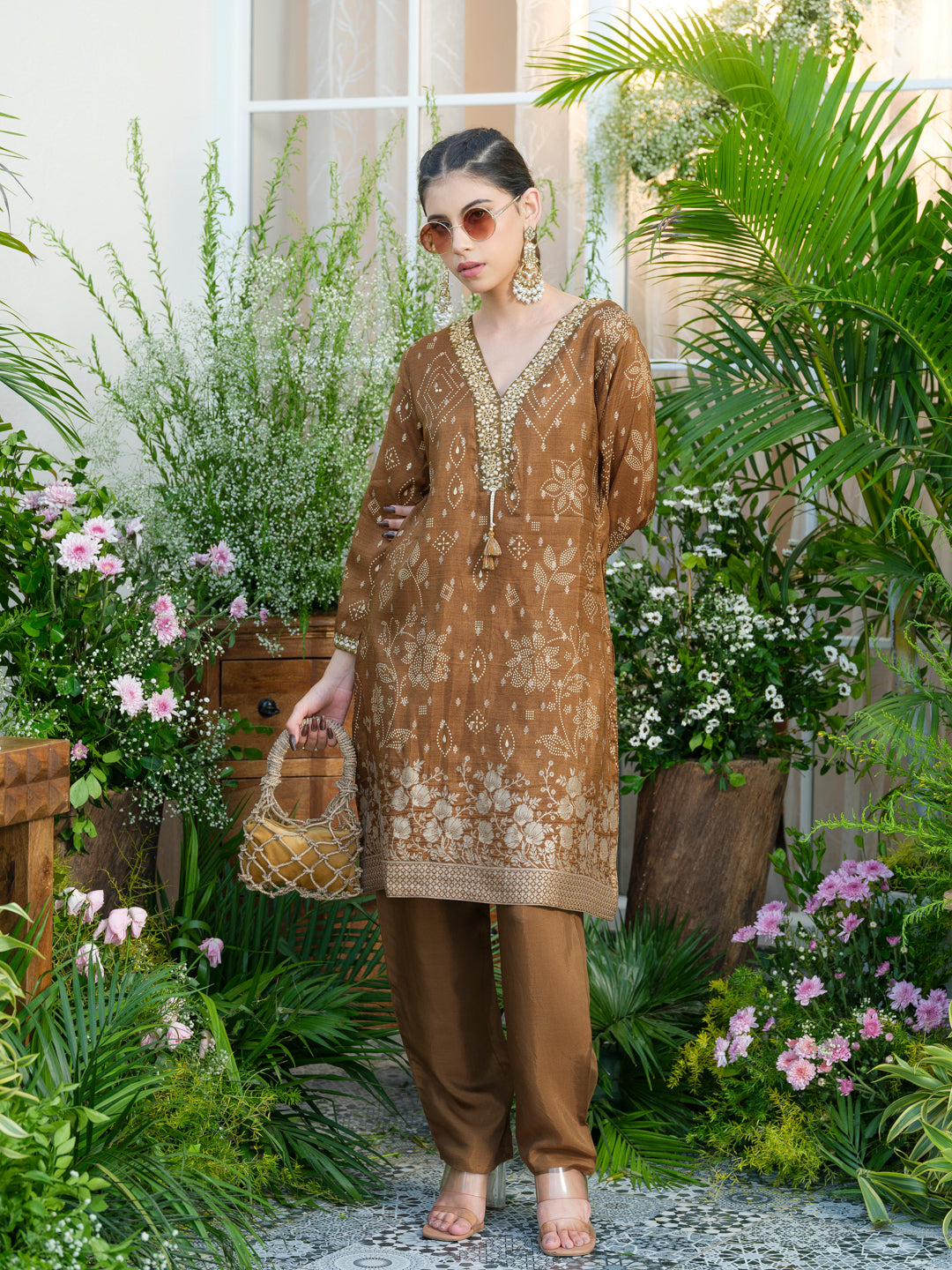 Brown Jacquard Co-Ord with Statement Neckline