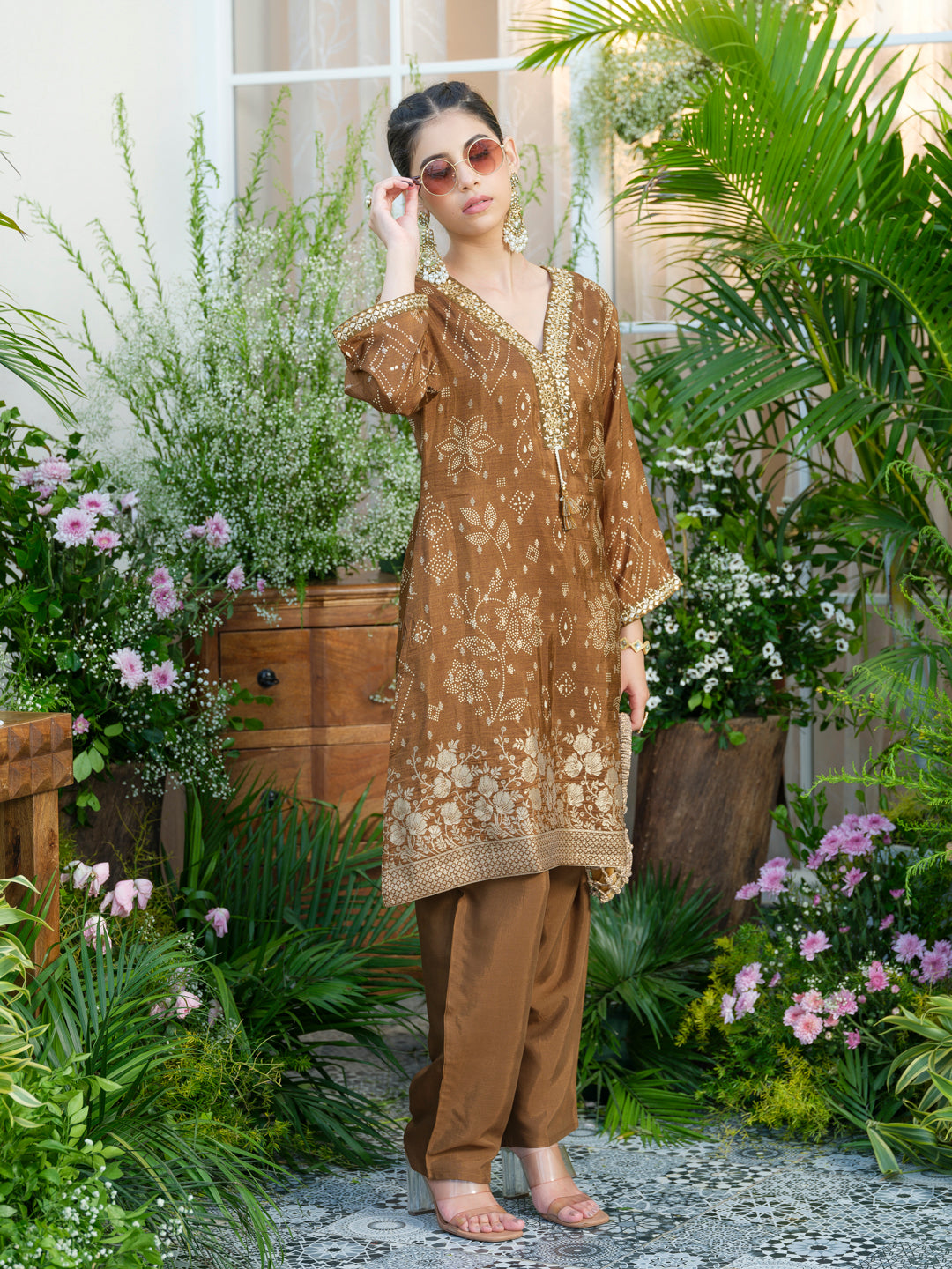 Brown Jacquard Co-Ord with Statement Neckline