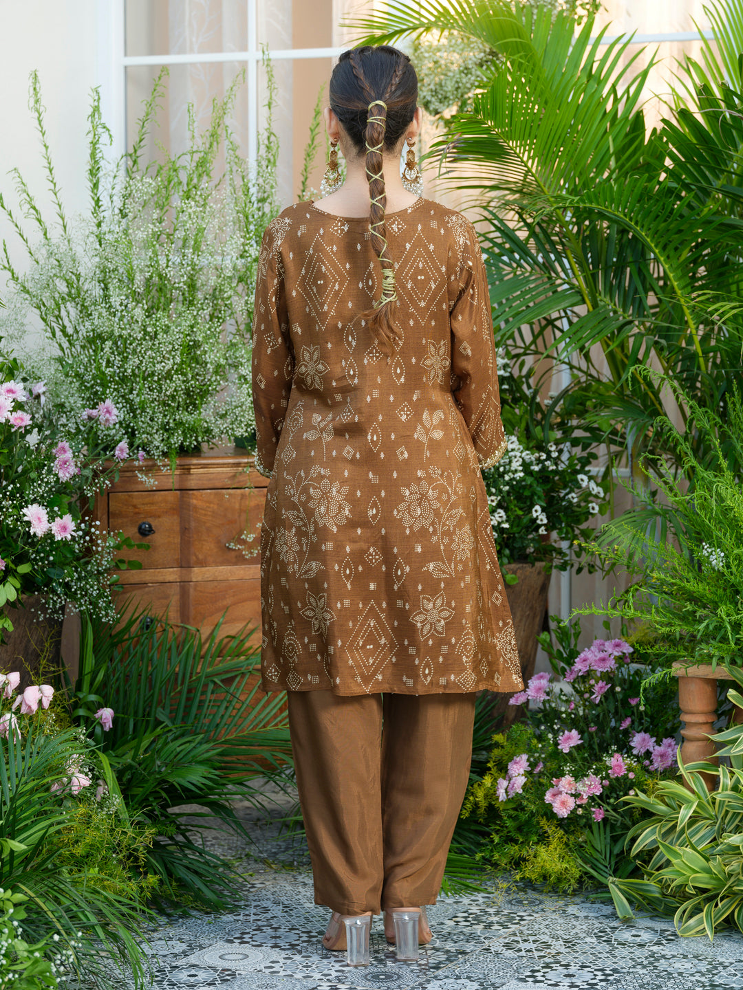 Brown Jacquard Co-Ord with Statement Neckline