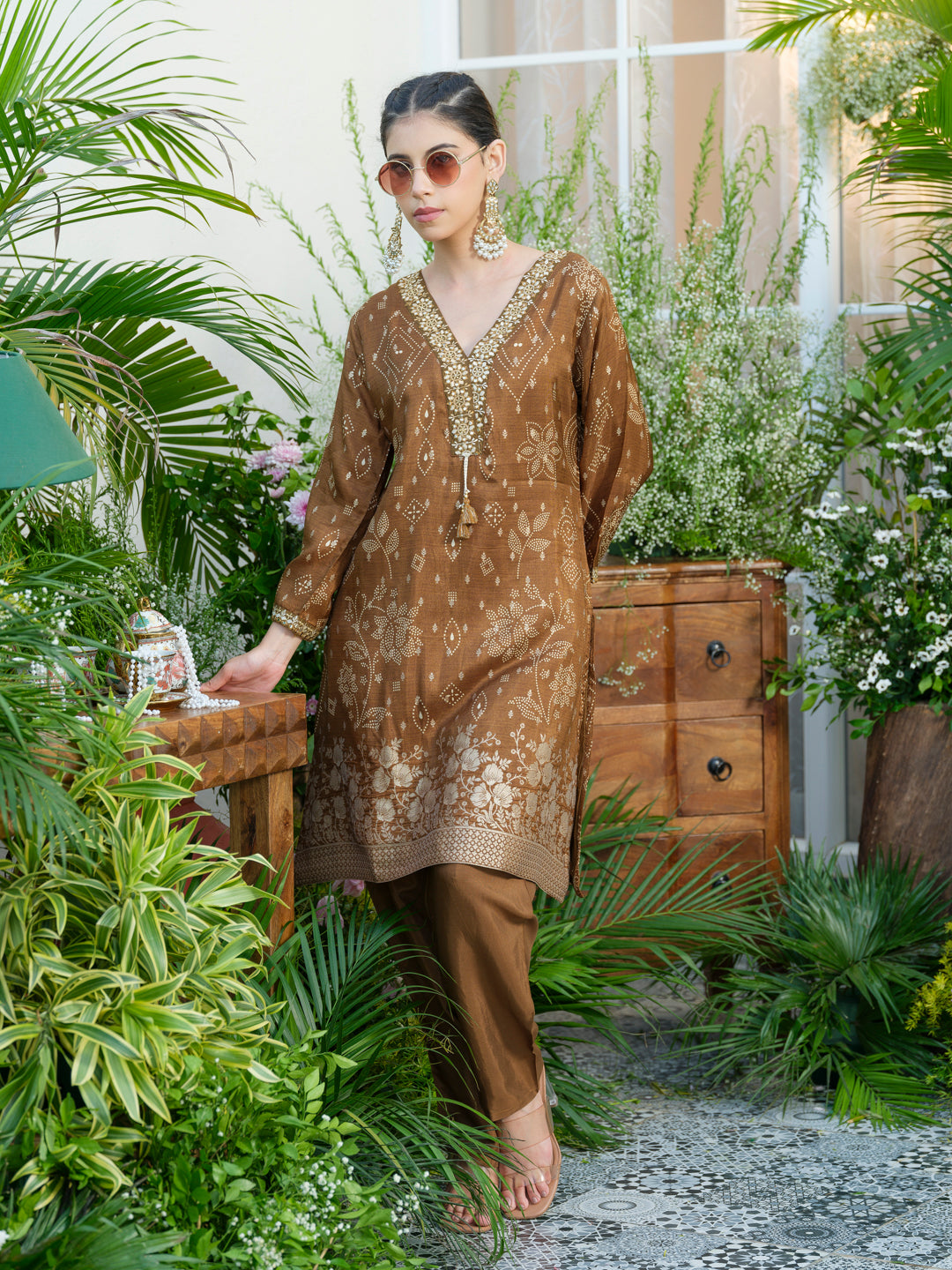 Brown Jacquard Co-Ord with Statement Neckline