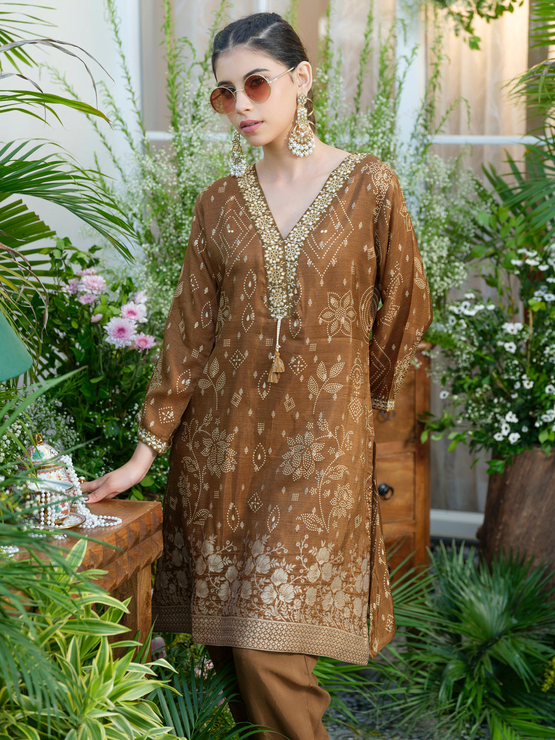 Brown Jacquard Co-Ord with Statement Neckline