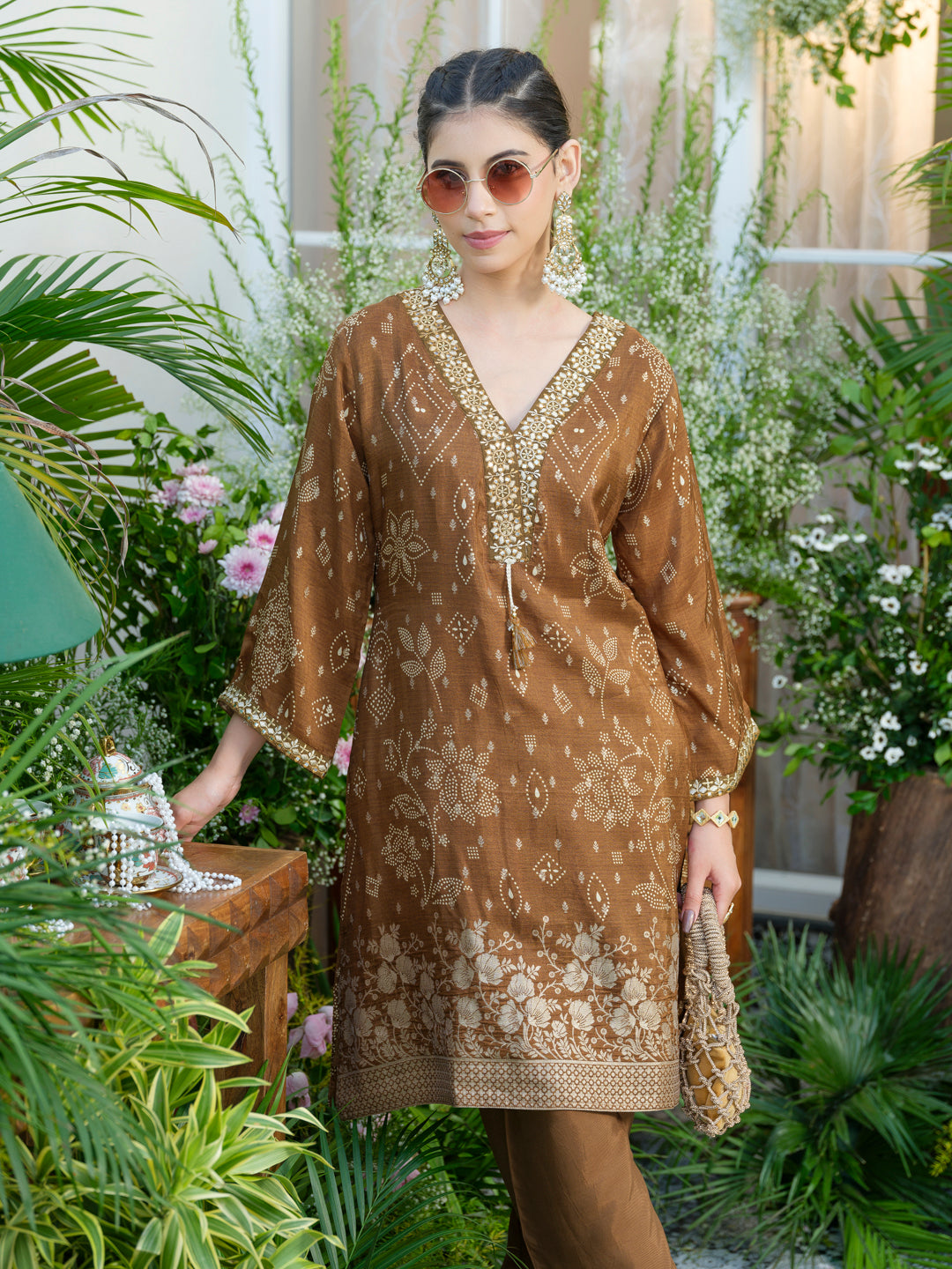 Brown Jacquard Co-Ord with Statement Neckline