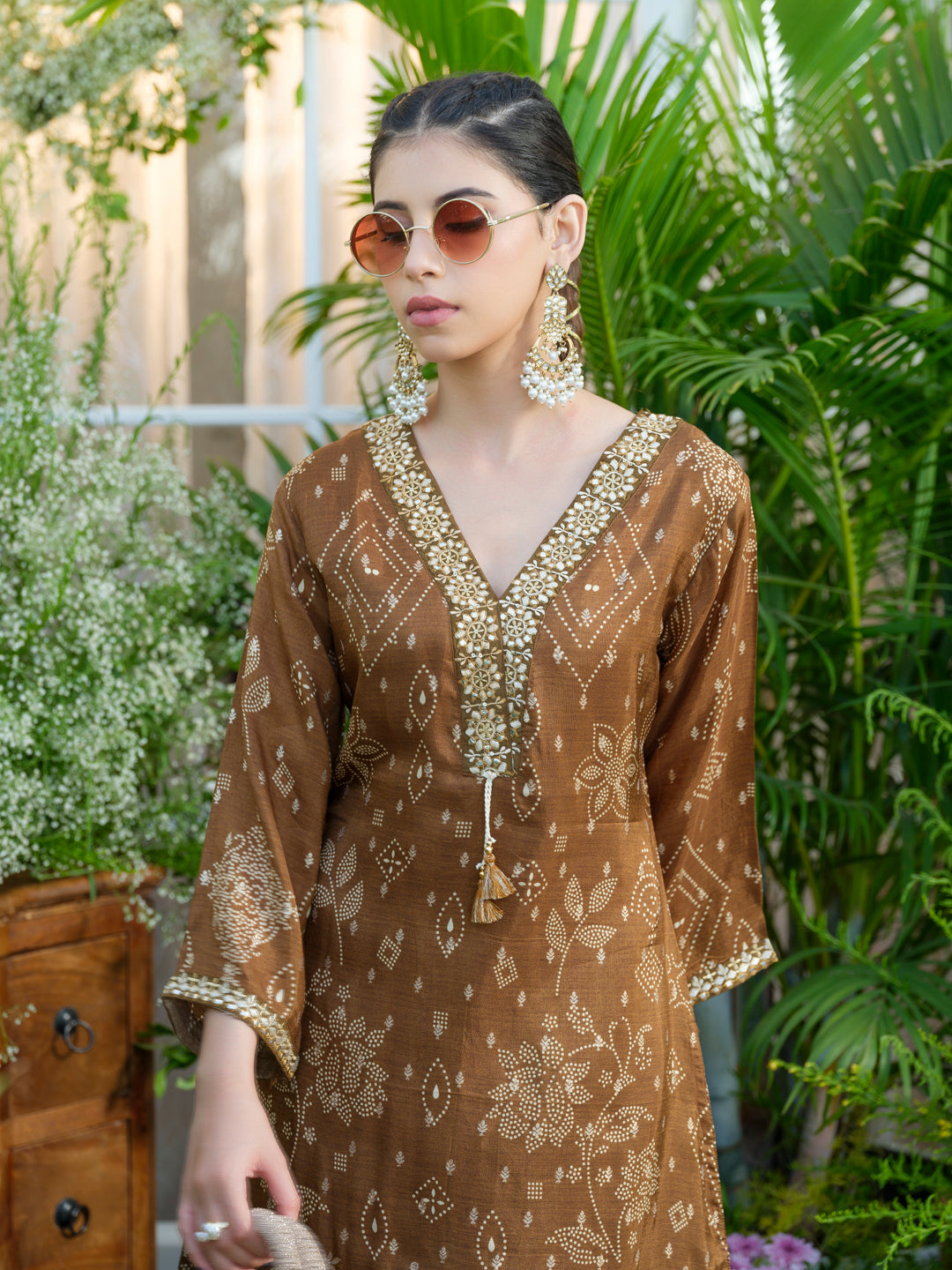 Brown Jacquard Co-Ord with Statement Neckline
