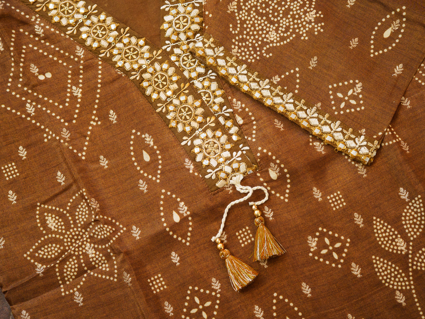 Brown Jacquard Co-Ord with Statement Neckline