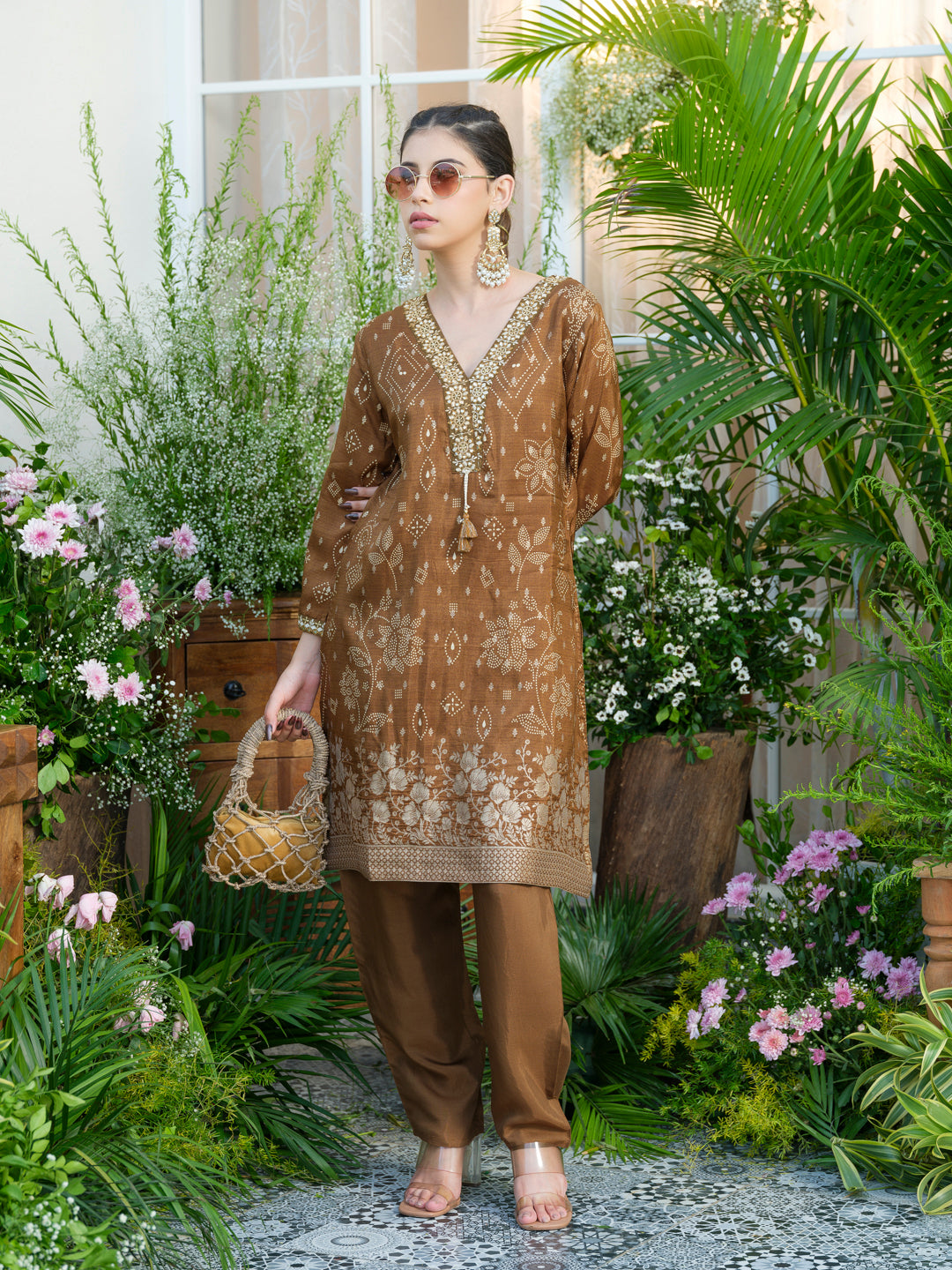 Brown Jacquard Co-Ord with Statement Neckline