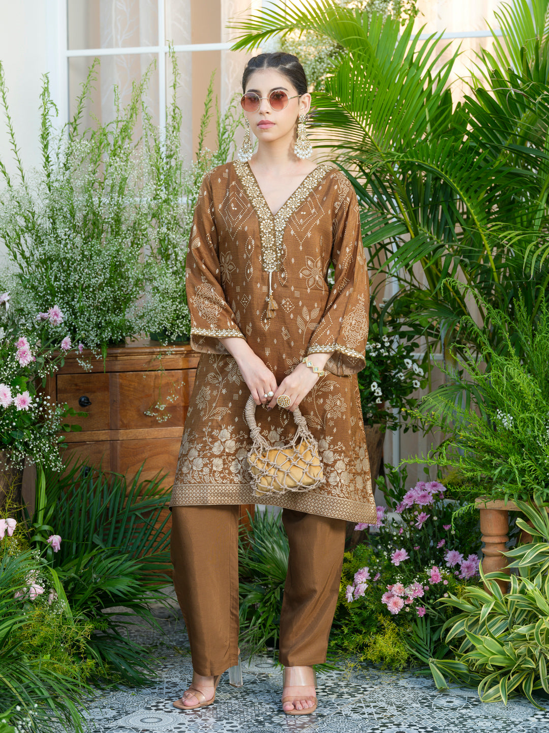 Brown Jacquard Co-Ord with Statement Neckline