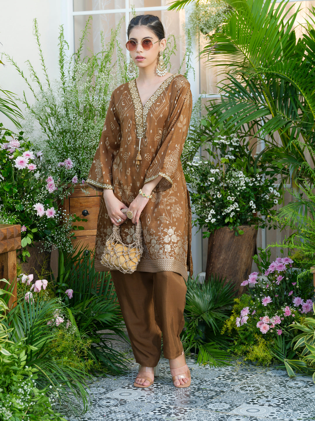 Brown Jacquard Co-Ord with Statement Neckline