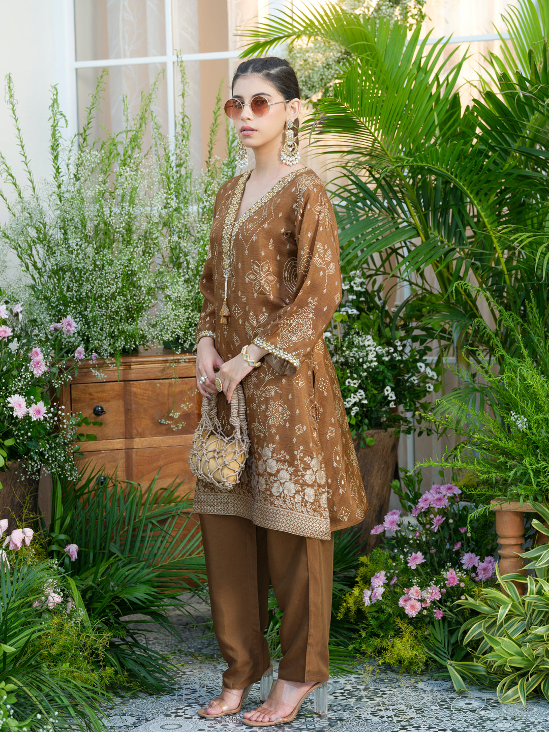 Brown Jacquard Co-Ord with Statement Neckline