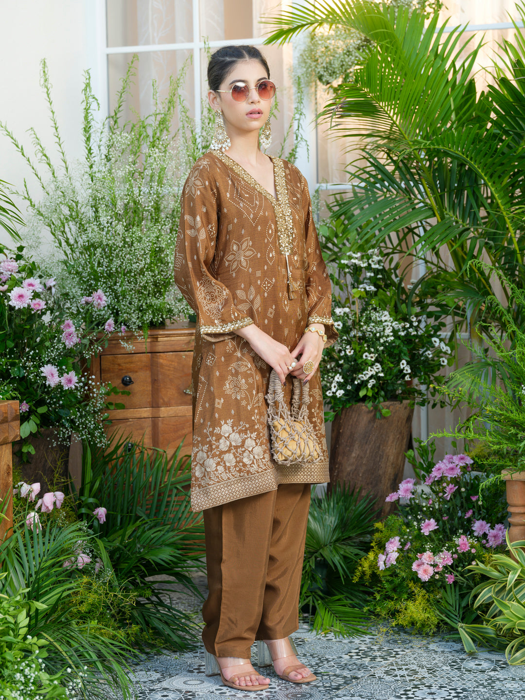 Brown Jacquard Co-Ord with Statement Neckline