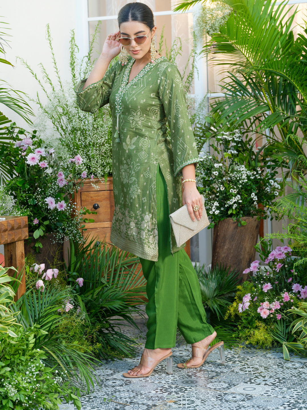 Mirror Embellished Green Jacquard Co-Ord Set