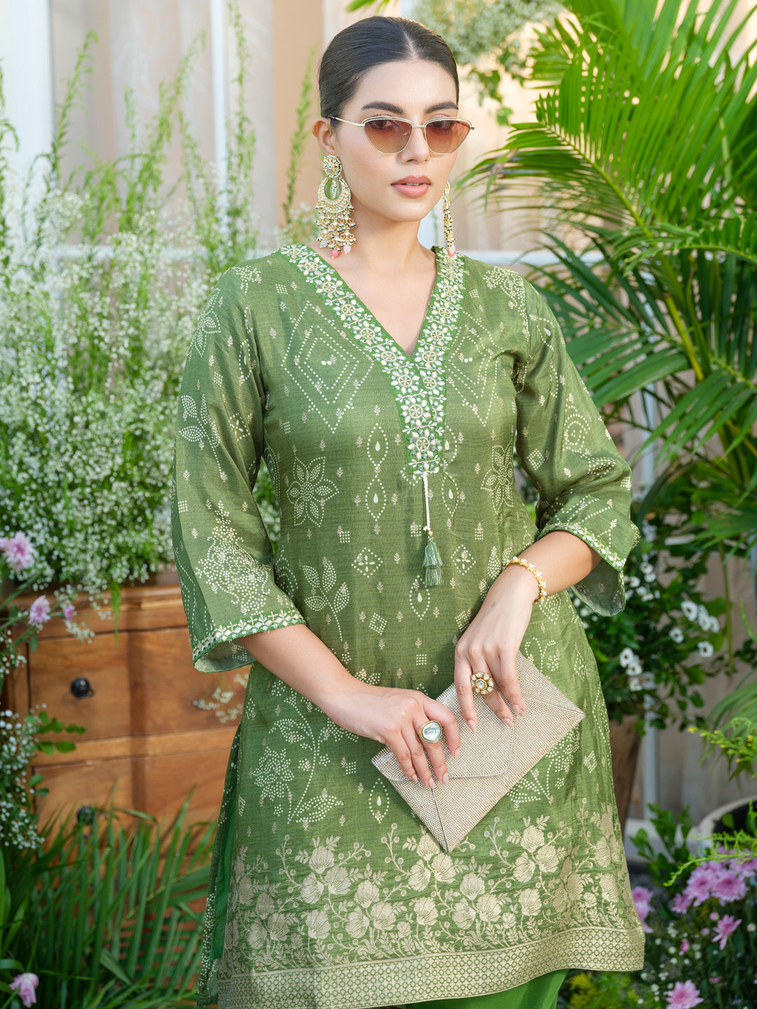 Mirror Embellished Green Jacquard Co-Ord Set