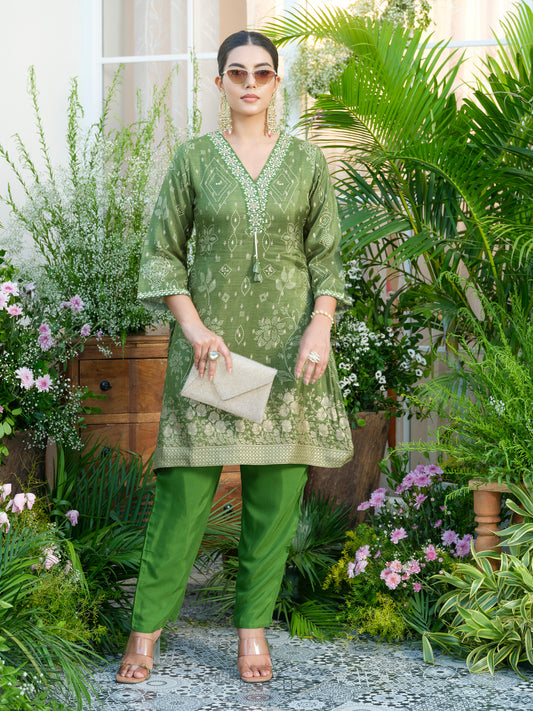 Mirror Embellished Green Jacquard Co-Ord Set