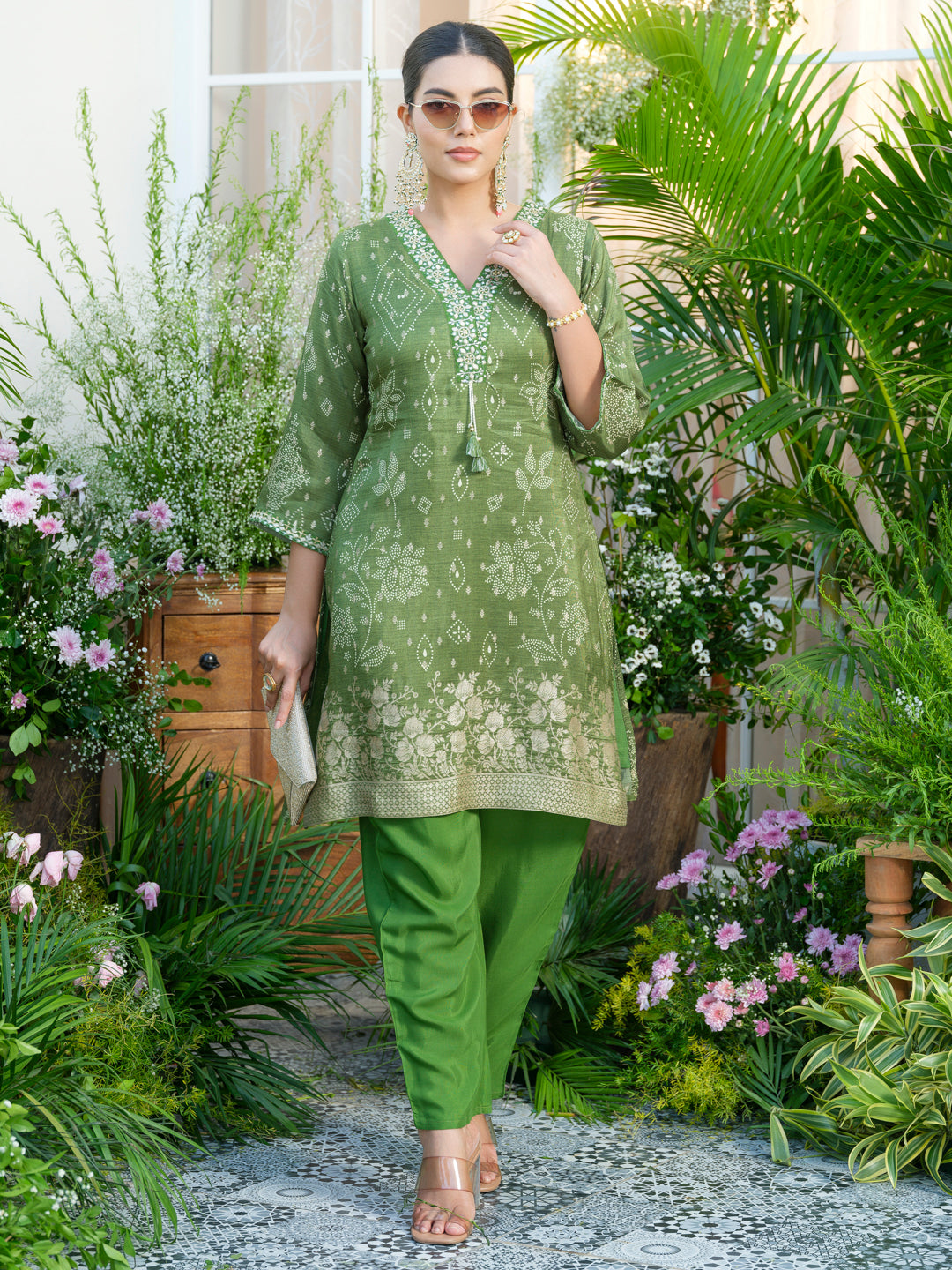 Mirror Embellished Green Jacquard Co-Ord Set