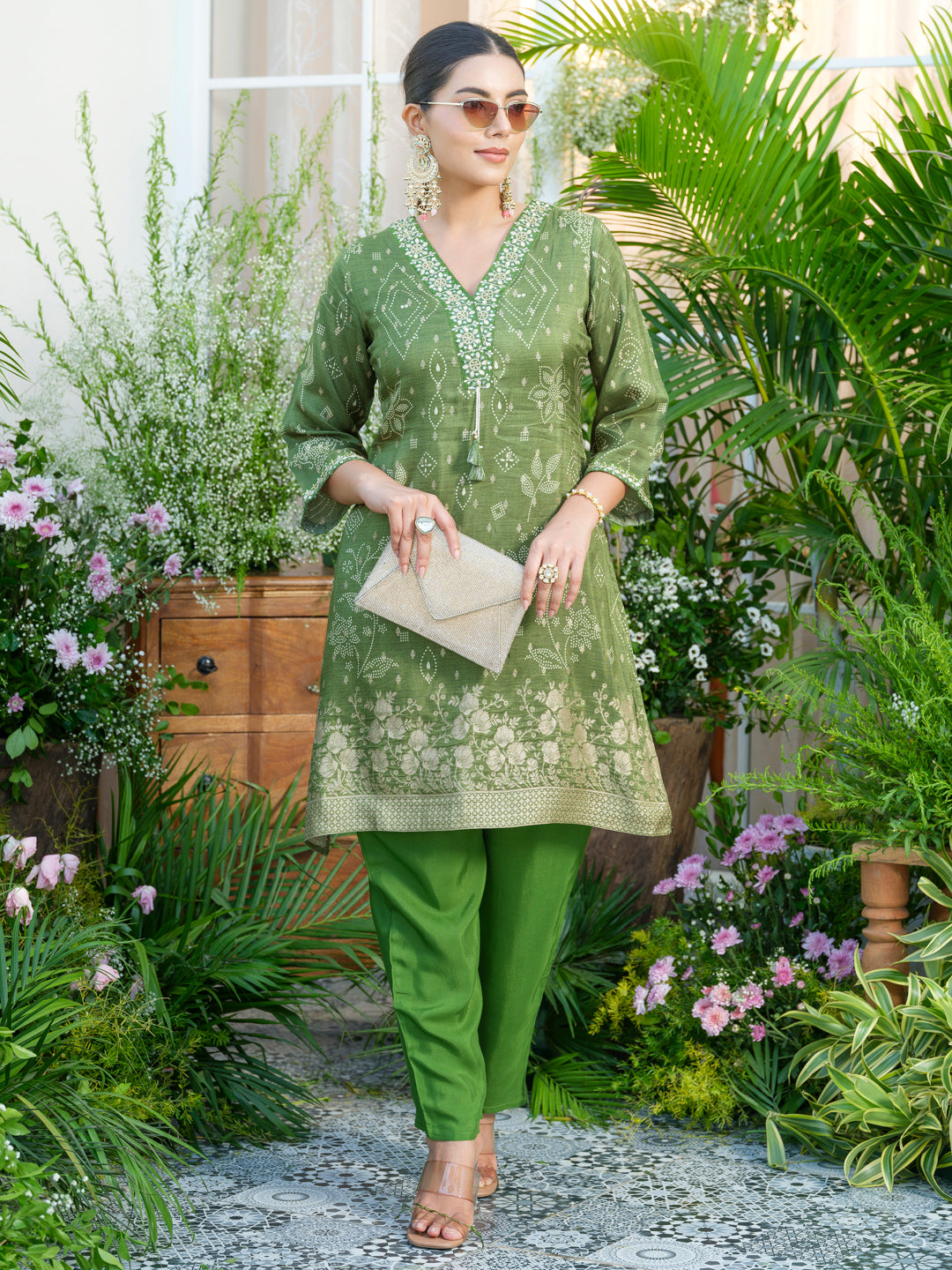 Mirror Embellished Green Jacquard Co-Ord Set