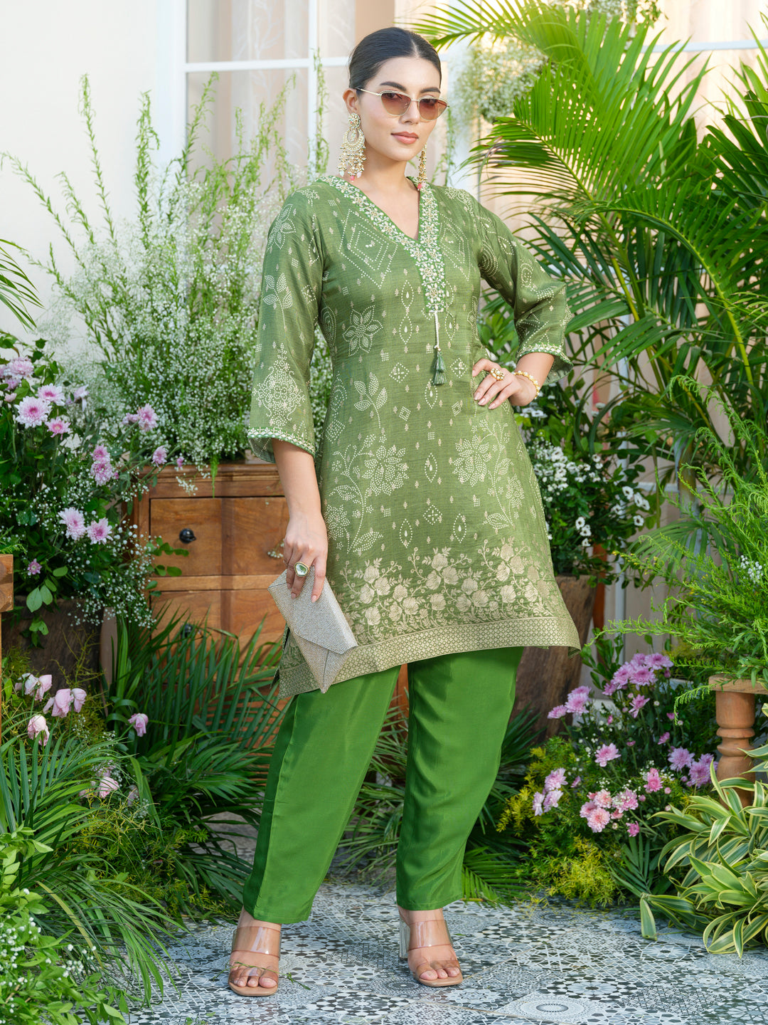 Mirror Embellished Green Jacquard Co-Ord Set