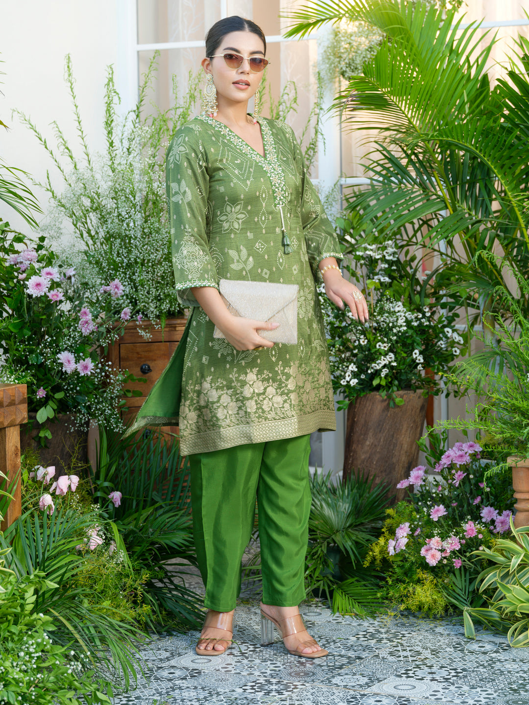 Mirror Embellished Green Jacquard Co-Ord Set