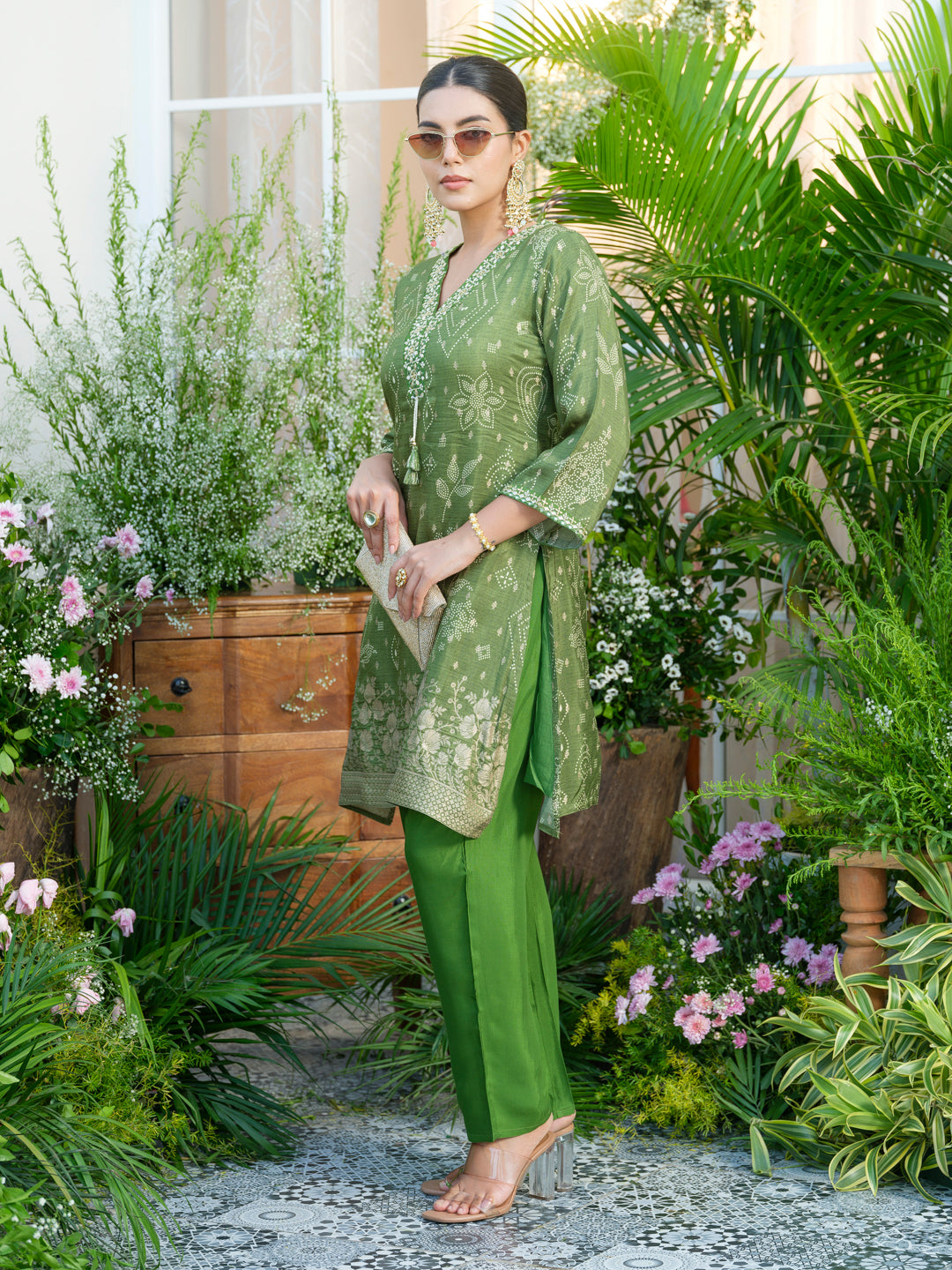 Mirror Embellished Green Jacquard Co-Ord Set