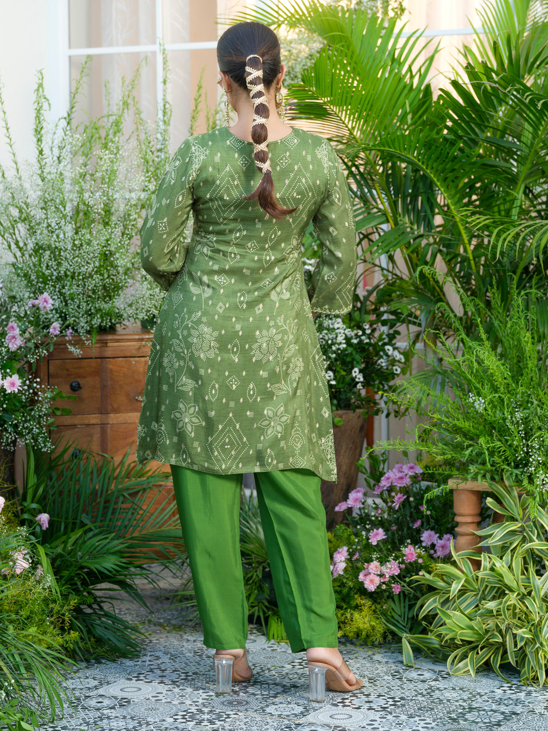 Mirror Embellished Green Jacquard Co-Ord Set