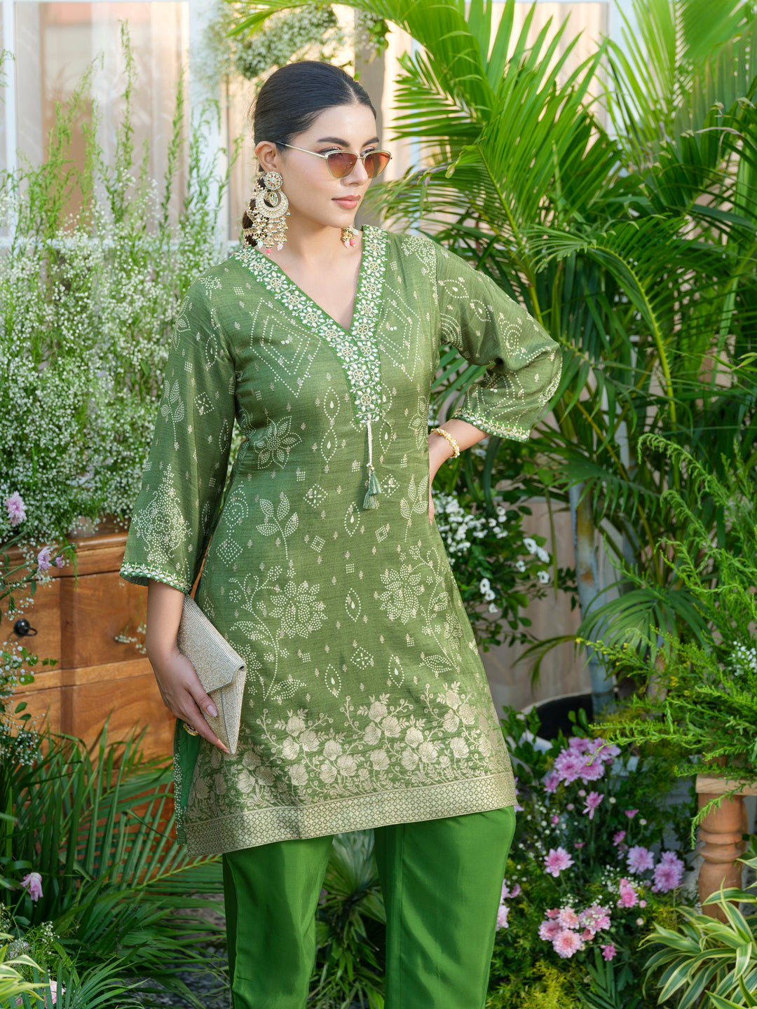 Mirror Embellished Green Jacquard Co-Ord Set