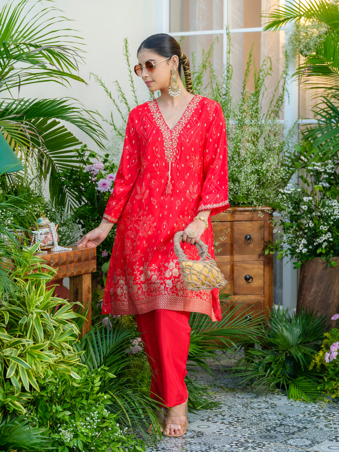 Red Jacquard Embellished Co-Ord Set