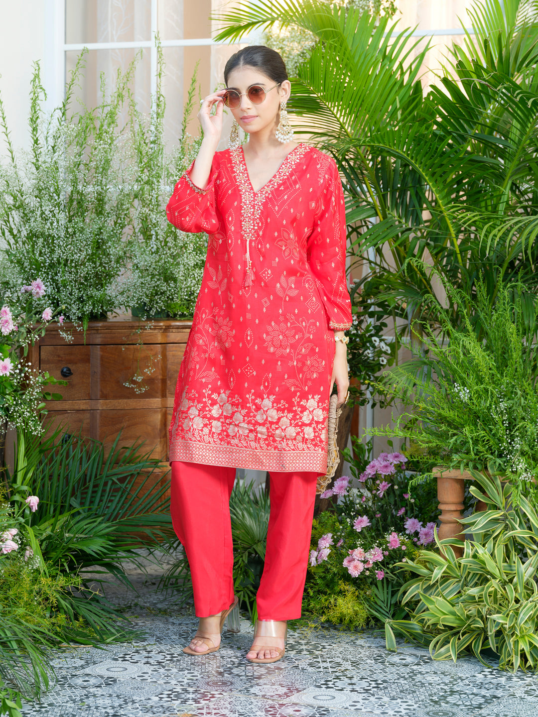 Red Jacquard Embellished Co-Ord Set