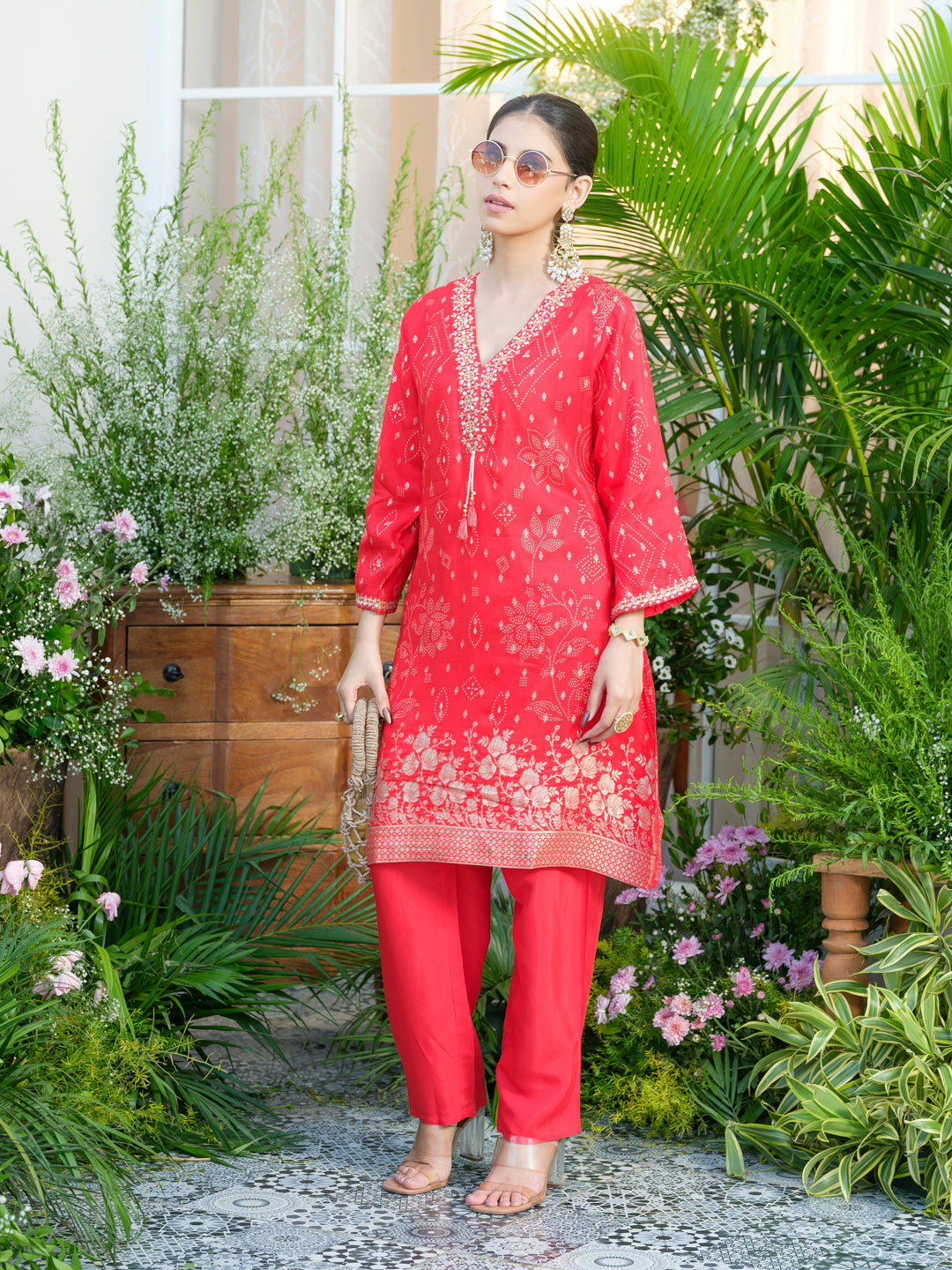 Red Jacquard Embellished Co-Ord Set