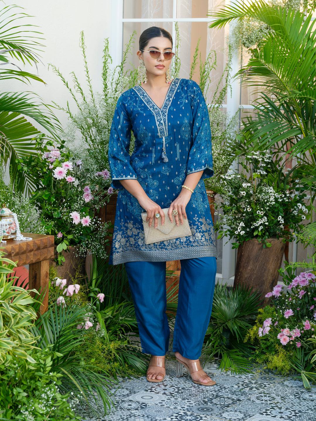 Teal Blue Handwork Jacquard Luxe Co-Ord Set