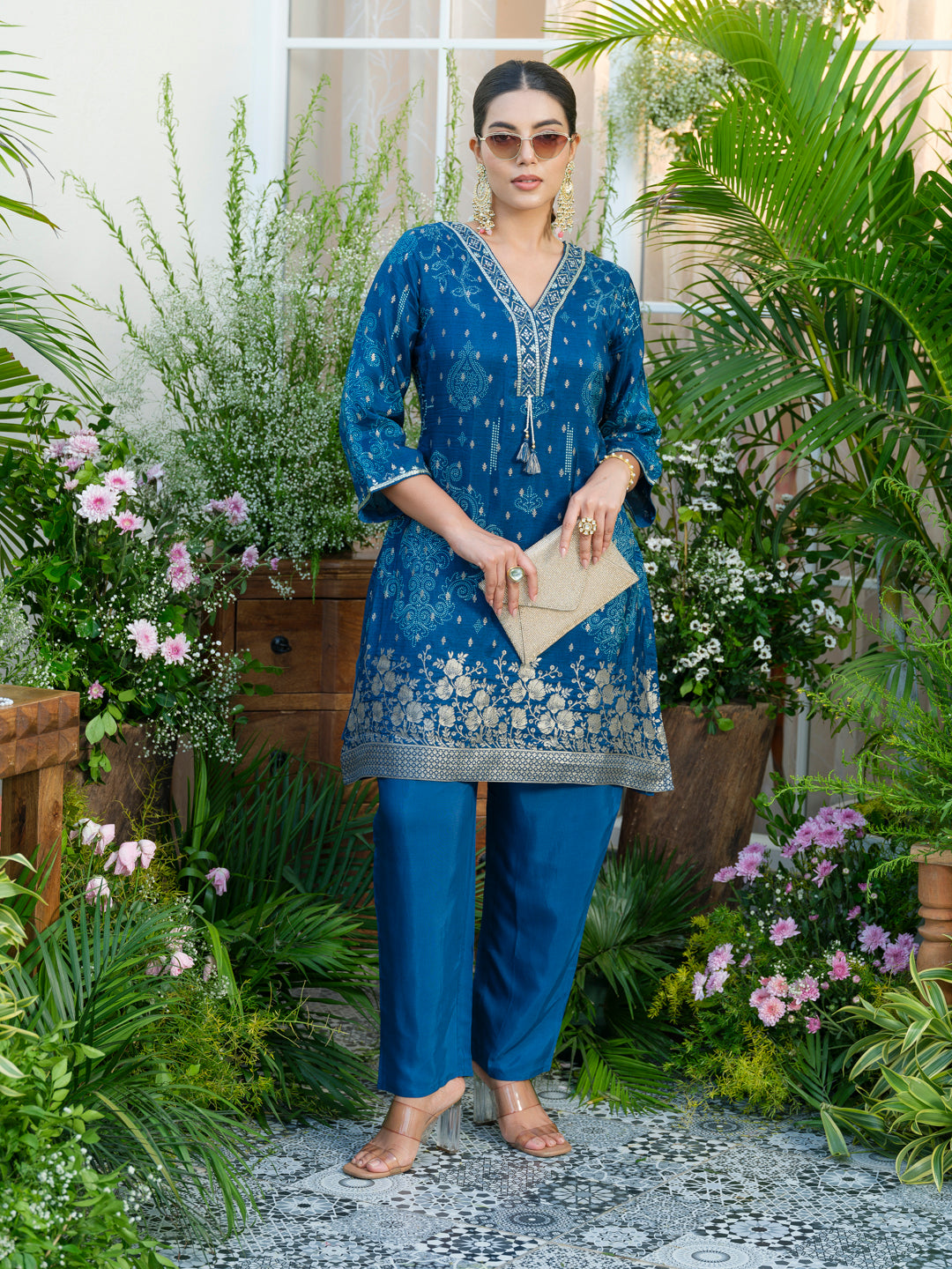 Teal Blue Handwork Jacquard Luxe Co-Ord Set