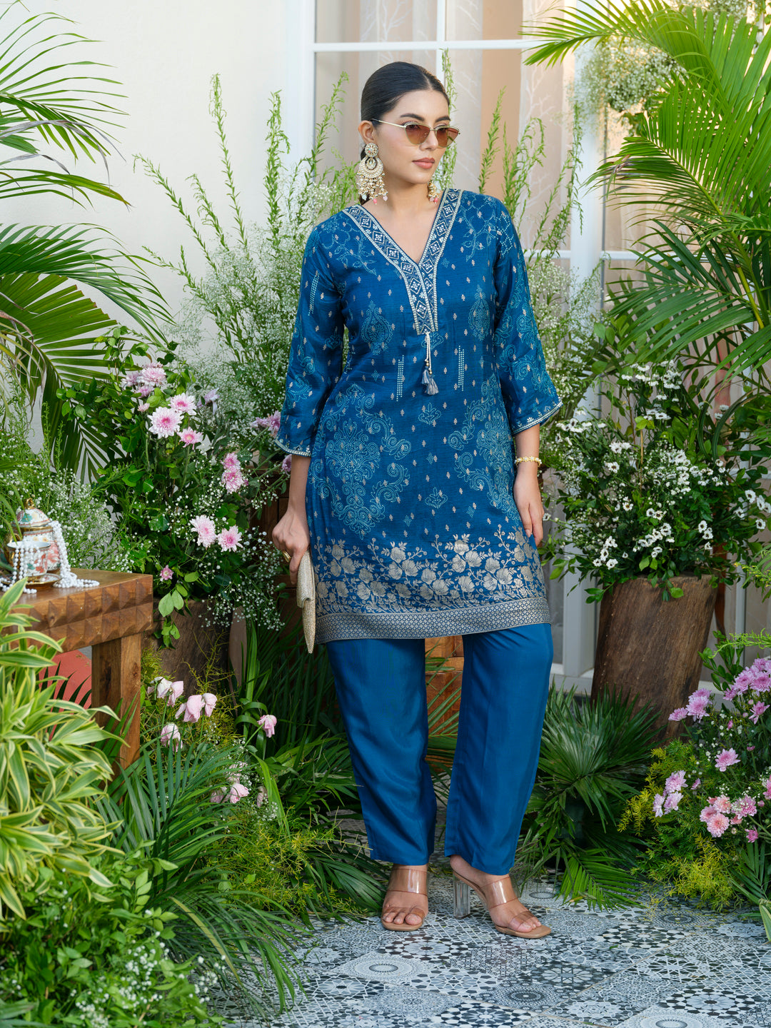 Teal Blue Handwork Jacquard Luxe Co-Ord Set