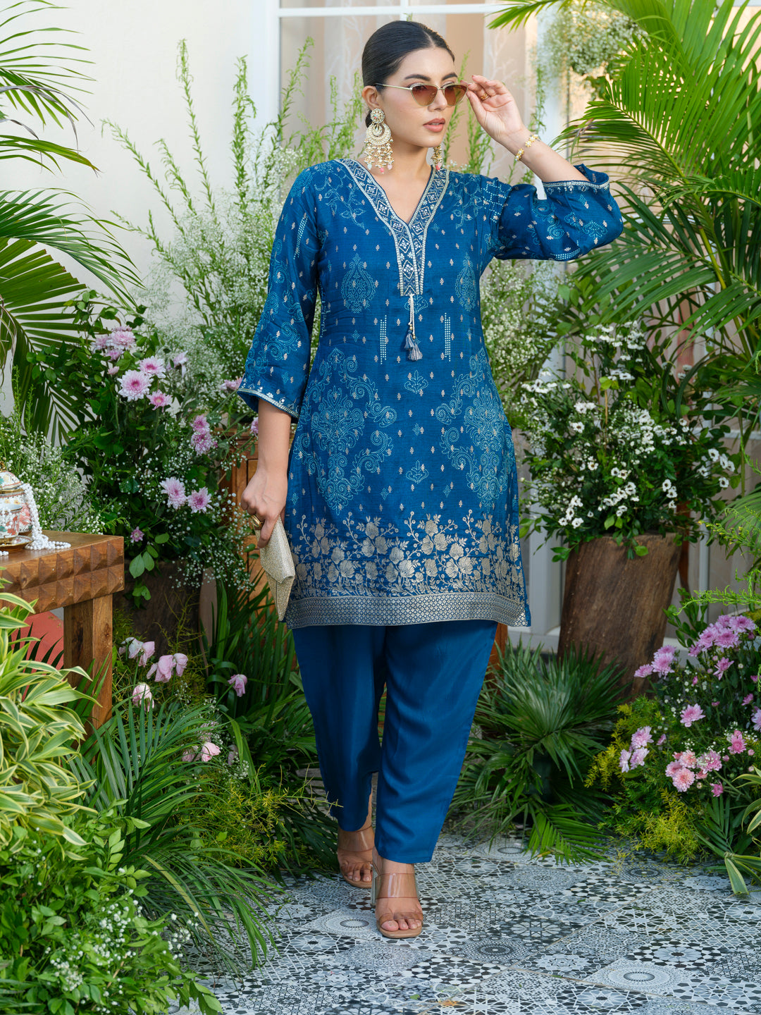 Teal Blue Handwork Jacquard Luxe Co-Ord Set