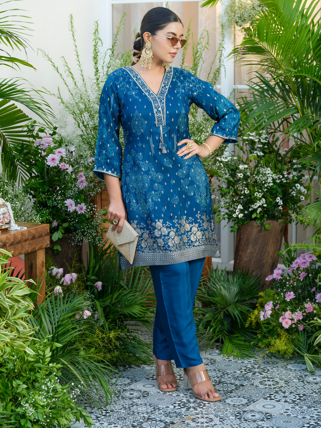 Teal Blue Handwork Jacquard Luxe Co-Ord Set