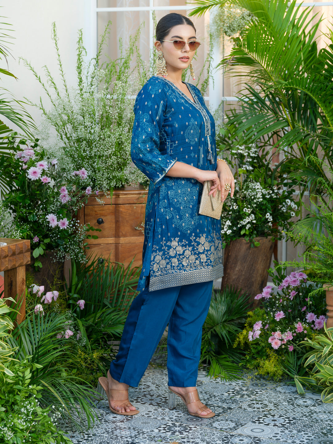 Teal Blue Handwork Jacquard Luxe Co-Ord Set